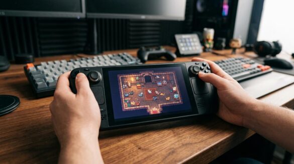 Juegos gratis en Steam: 5 joyas para jugar en marzo Una consola portátil mostrando un juego de mazmorras con estética de píxeles, rodeada de periféricos de gaming en un escritorio con iluminación tenue.