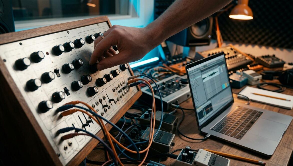 La banda ear protagoniza el nuevo documental de The FADER Sintetizador analógico y equipo de producción moderno en un estudio con iluminación cinematográfica azul y naranja.