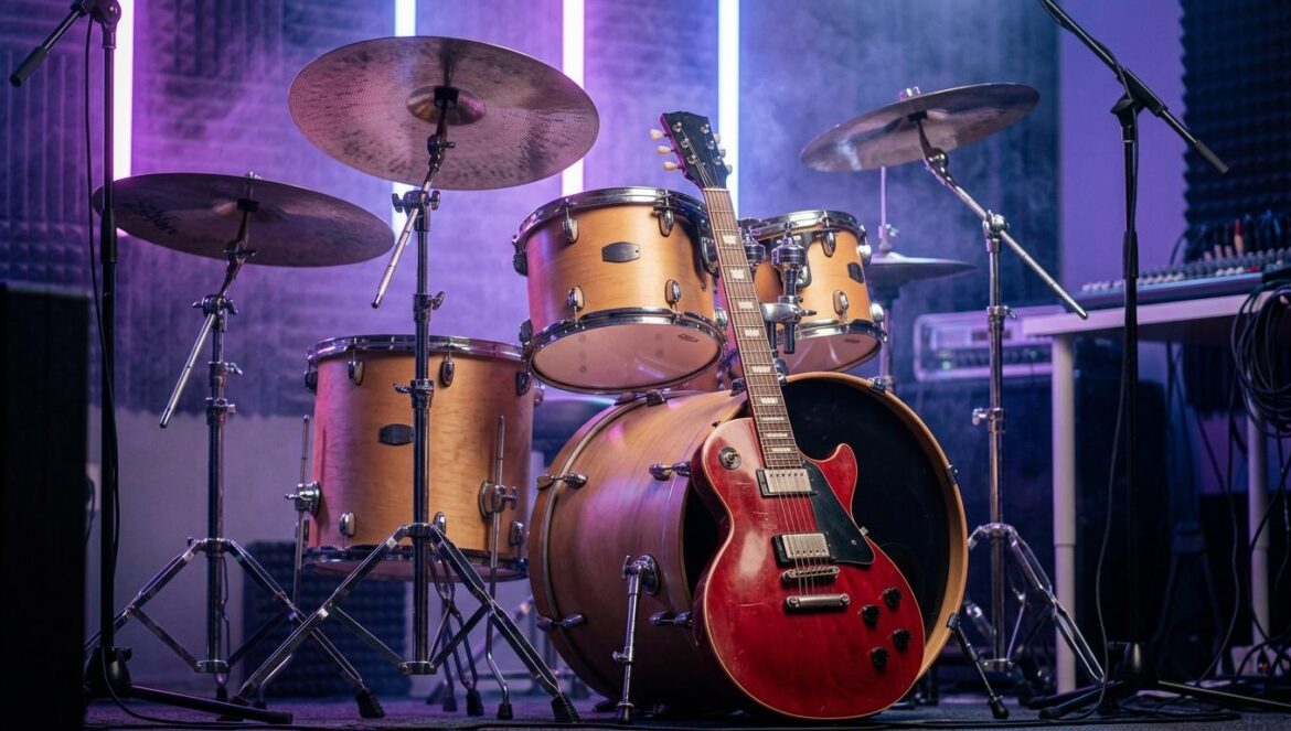 Latency y el debut de una girl band que redefine el retraso Una guitarra eléctrica roja apoyada contra una batería en un escenario iluminado con luces de neón violetas y azules.