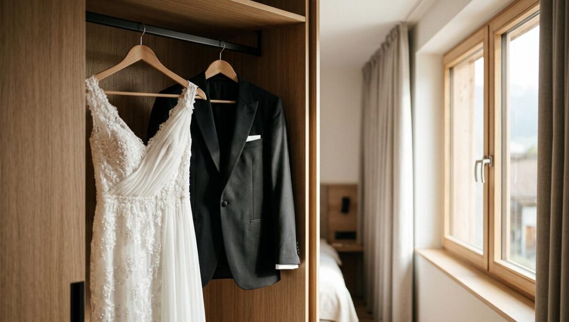 Lee Min Woo de Shinhwa redefine la familia en sus fotos de boda Un vestido de novia blanco y un esmoquin negro colgados juntos bajo una luz suave, simbolizando una boda elegante y minimalista.