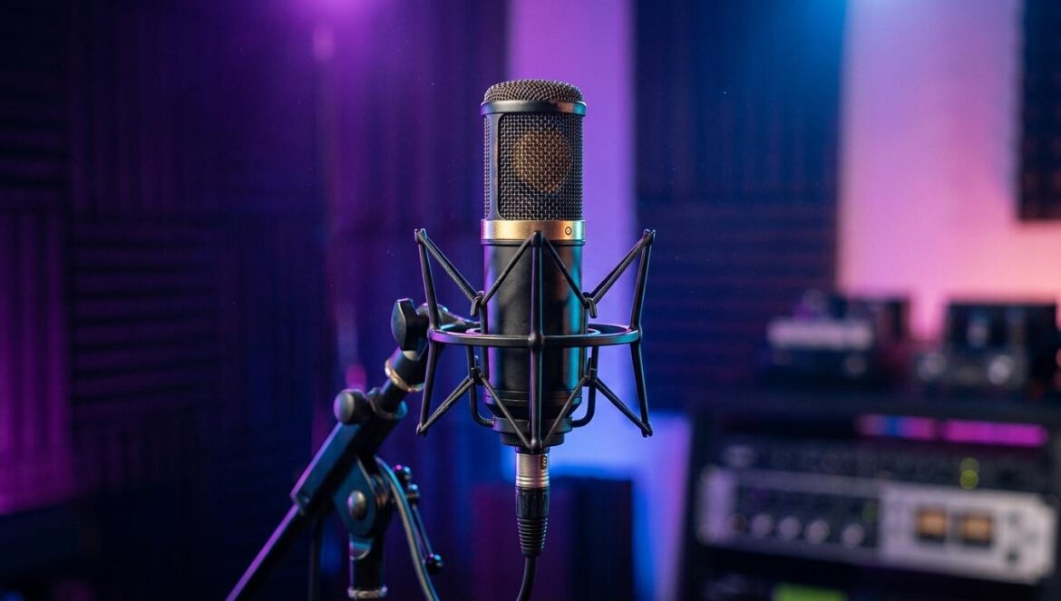 Los BTS solo tracks y el test que define tu era actual Un micrófono de estudio profesional bajo luces de neón púrpuras y azules, evocando la estética visual de las eras solistas de BTS.