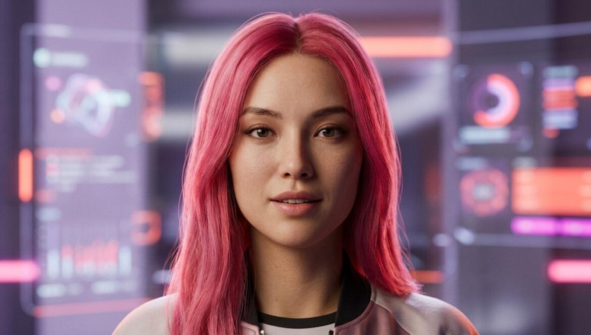 Los premios a influencers de IA: ¿el fin del slop digital? Avatar digital hiperrealista con cabello rosa bajo iluminación de estudio profesional, representando la estética de los influencers de IA modernos.