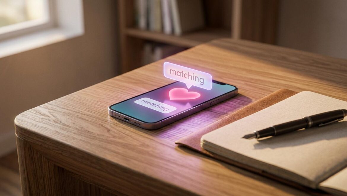 Love Phobia: el romance de Kim Hyun Jin y Yeonwoo explota Primer plano de un smartphone mostrando una aplicación de citas con un corazón rosa junto a una libreta de escritor sobre una mesa de madera.