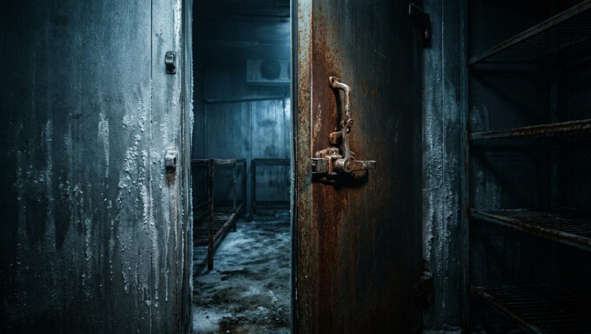 Mad Concrete Dreams: Ha Jung Woo y el secuestro fallido Un congelador industrial abandonado y oscuro con sombras dramáticas que sugieren un escenario de thriller coreano.