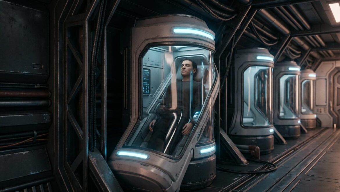 Marathon abre Cryo Archive: el éxito del ARG de Bungie Pasillo de una nave espacial futurista con cápsulas de criogenia iluminadas en azul y estética industrial de ciencia ficción.