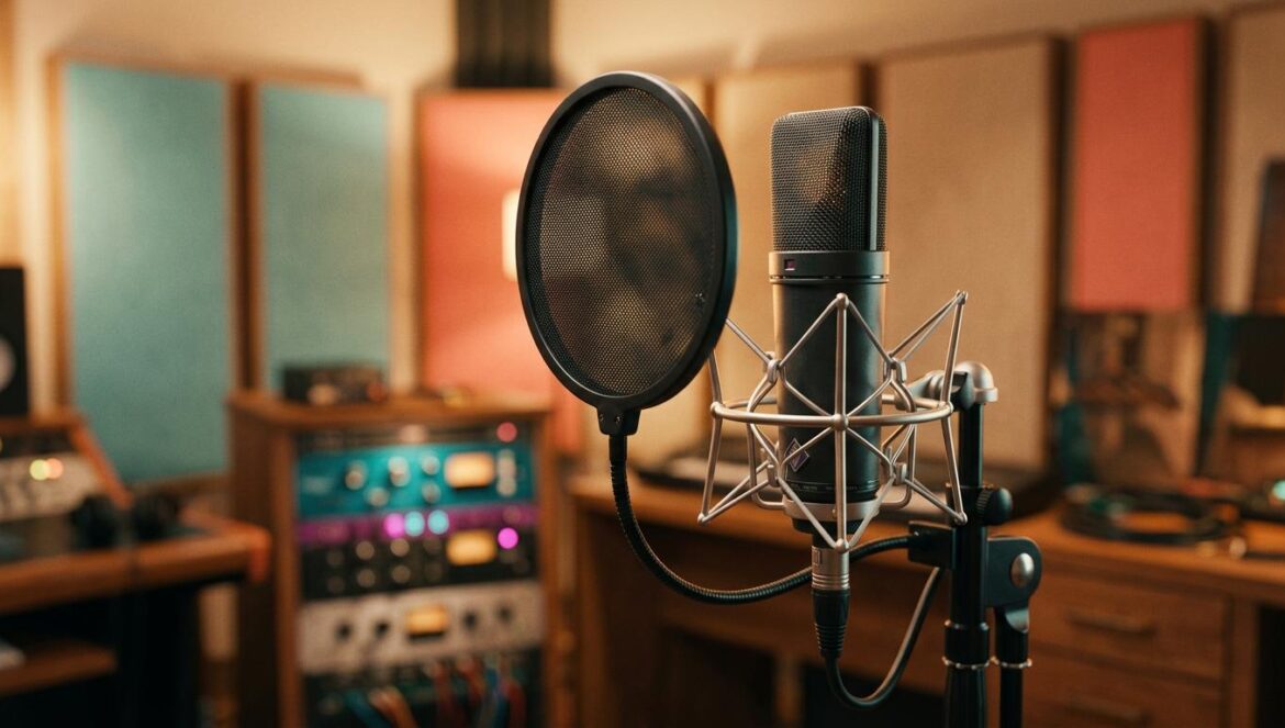 Monica de Jack Harlow: ¿un giro real o apropiación? Micrófono de estudio profesional en primer plano con iluminación cálida y paneles acústicos al fondo, evocando el ambiente de grabación de neo-soul.
