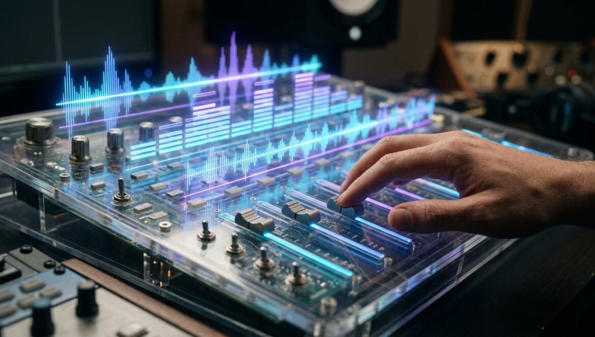 Música con IA: el dilema técnico entre arte y algoritmos Consola de mezclas futurista con ondas de sonido digitales brillantes en tonos neón sobre un fondo tecnológico oscuro.