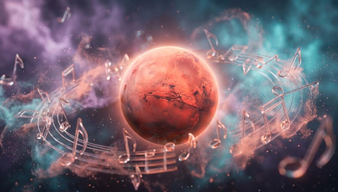 Música para la Aries season 2026: 18 canciones de fuego Interpretación artística del planeta Marte rodeado de elementos musicales y polvo cósmico sobre un fondo oscuro
