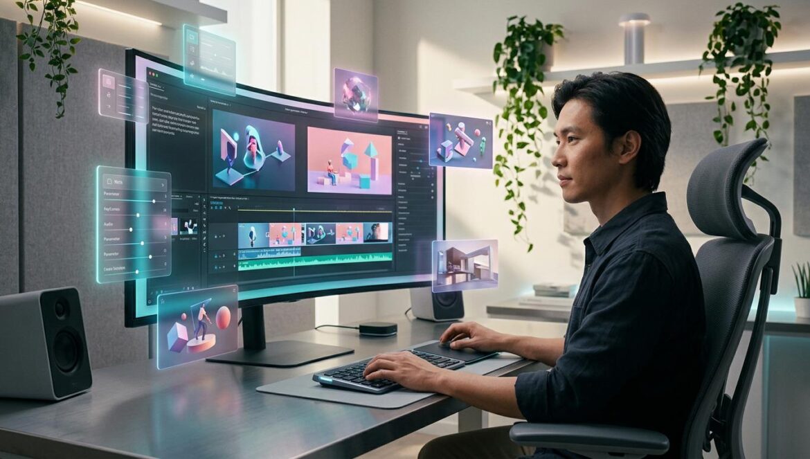 NotebookLM ahora genera videos cinematográficos con IA Interfaz de software NotebookLM generando un video cinematográfico a partir de notas de texto en una pantalla de alta tecnología con luces ambientales.