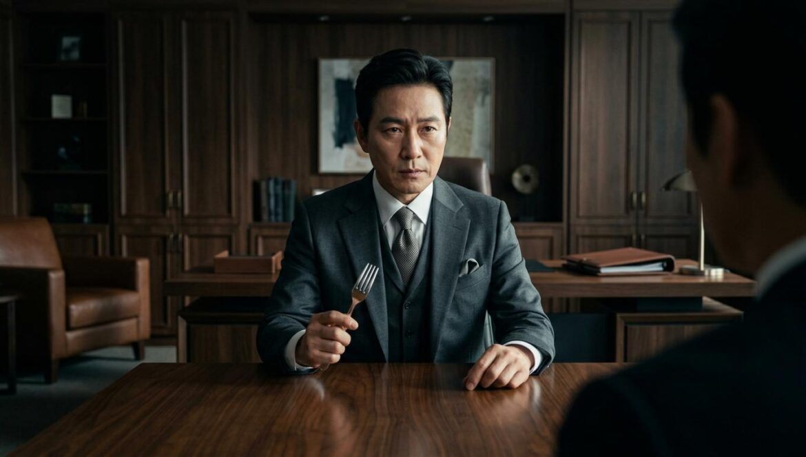 Oh Jung Se lidera Climax como el heredero del Grupo WR Actor coreano interpretando a un heredero de un conglomerado, sentado en una mesa elegante con expresión tensa y decidida bajo una iluminación dramática.