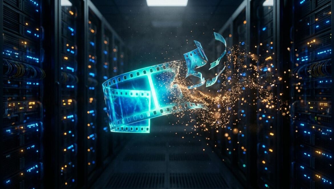 OpenAI cancela Sora: el fin del acuerdo con Disney Tira de película digital desintegrándose en partículas de datos en una sala de servidores futurista con iluminación tenue.