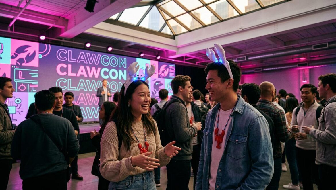 OpenClaw y ClawCon: el auge de la IA de código abierto Evento tecnológico ClawCon en Nueva York con iluminación neón y asistentes usando accesorios de langosta para celebrar la IA OpenClaw.