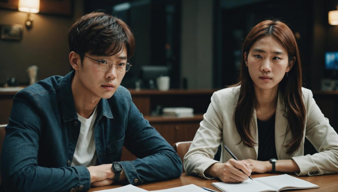 Our Universe: Bae In Hyuk y Roh Jeong Eui ante el tribunal Bae In Hyuk y Roh Jeong Eui sentados a la mesa de una cocina moderna tomados de la mano bajo una luz cálida y acogedora