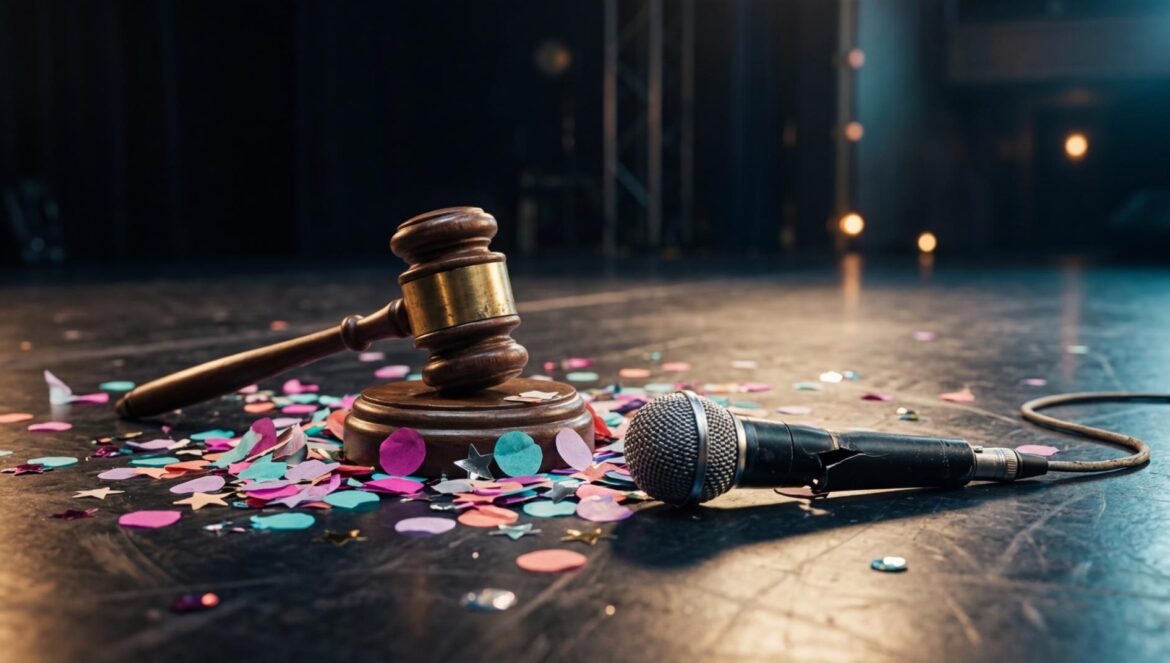 Phantom Lawyer: la tragedia de las trainees sacude a tvN Un mazo de juez sobre un escenario de K-pop con confeti y un micrófono roto bajo luces dramáticas.