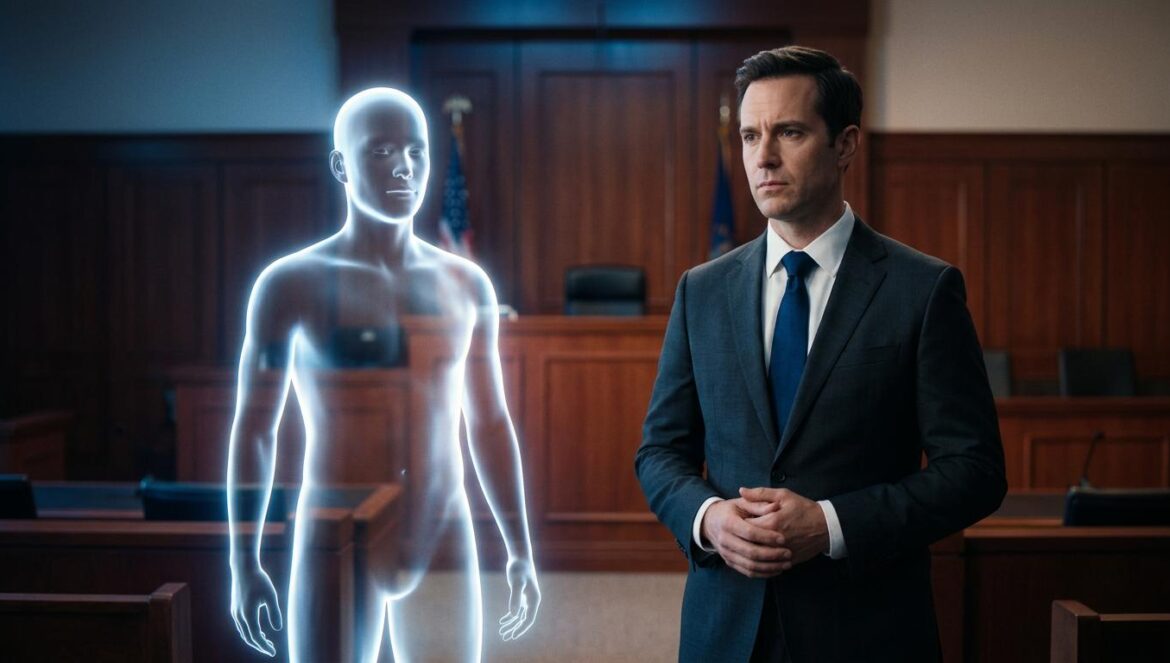 Phantom Lawyer: Yoo Yeon Seok y el juicio de los fantasmas Primer plano de una silueta transparente y brillante junto a un abogado con traje oscuro en un tribunal moderno con iluminación azul cinematográfica.