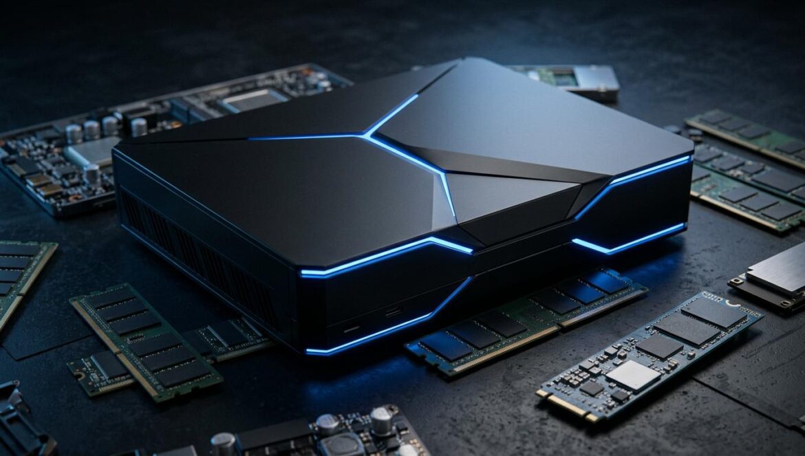 ¿Por qué la Steam Machine de Valve se retrasa hasta 2026? Consola Steam Machine minimalista con luces LED azules rodeada de componentes de memoria RAM y almacenamiento en un entorno tecnológico.