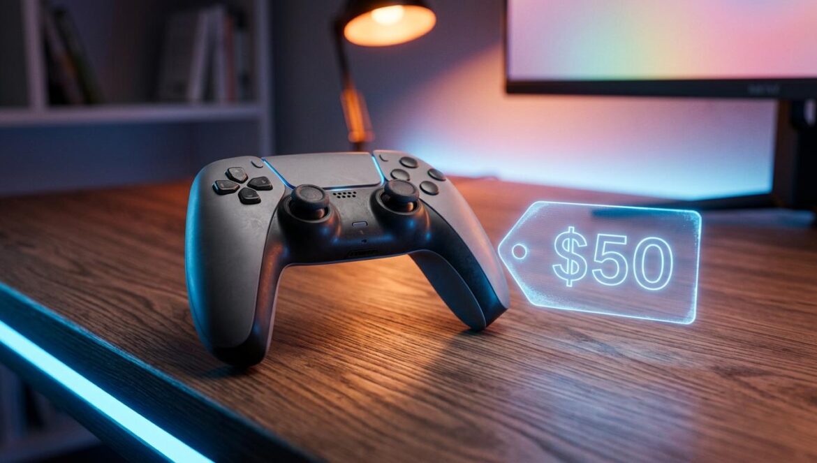 Precio de los videojuegos: por qué los 80 dólares fracasaron Mando de videoconsola moderna junto a una etiqueta de precio holográfica de cincuenta dólares en un entorno de iluminación gamer
