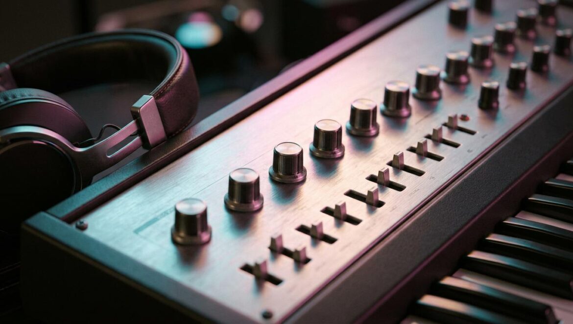 Robyn estrena Sexistential: el regreso que redefine el pop Primer plano de un sintetizador analógico bajo luces de neón rosa y azul con auriculares de estudio profesionales apoyados en un lateral.