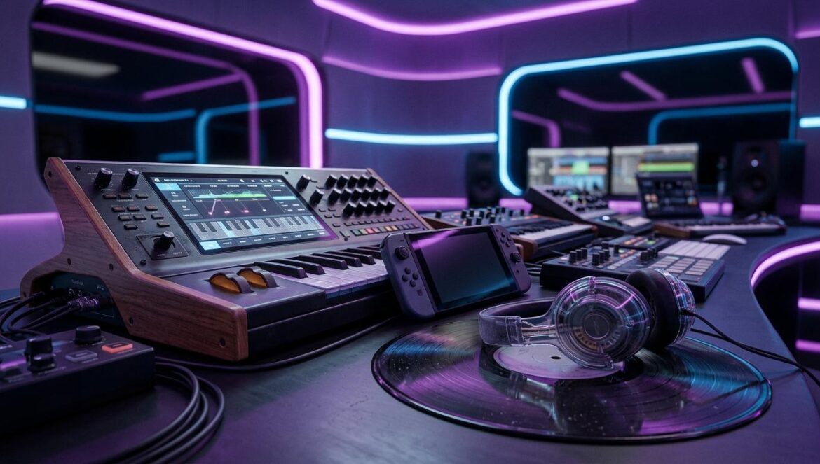 Slayr y la explosión del digicore: el sonido de 2026 Estudio de música futurista con luces LED de neón, sintetizadores y una consola portátil sobre una mesa de producción.