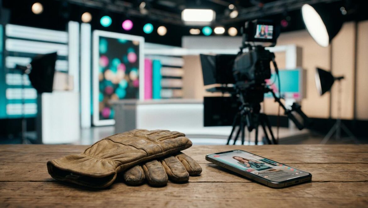 Sold Out on You: Ahn Hyo Seop revoluciona la comedia de SBS Estudio de televisión moderno con guantes de trabajo rústicos sobre una mesa, simbolizando el choque entre la vida rural y el mundo del home shopping.