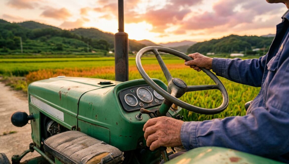 Sold Out On You confirma su estreno con Ahn Hyo Seop Un tractor verde clásico estacionado en un campo agrícola coreano bajo la luz dorada del atardecer.
