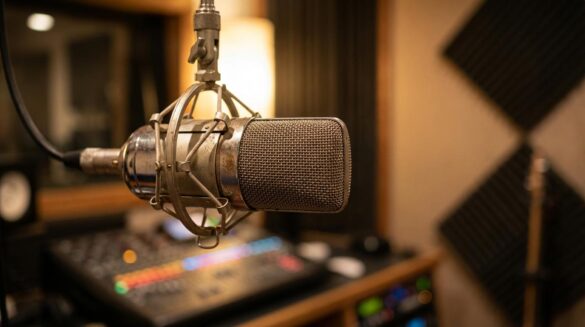 Primer plano de un micrófono de estudio profesional con iluminación cálida, simbolizando la grabación de un OST emocional para un drama coreano.