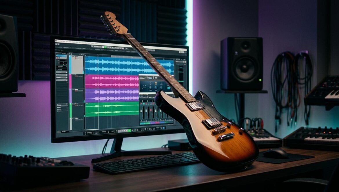 SoundCloud indie: la mutación digital del alt-rock Una guitarra eléctrica apoyada en un escritorio de estudio casero frente a un monitor con software de producción musical y luces de neón.