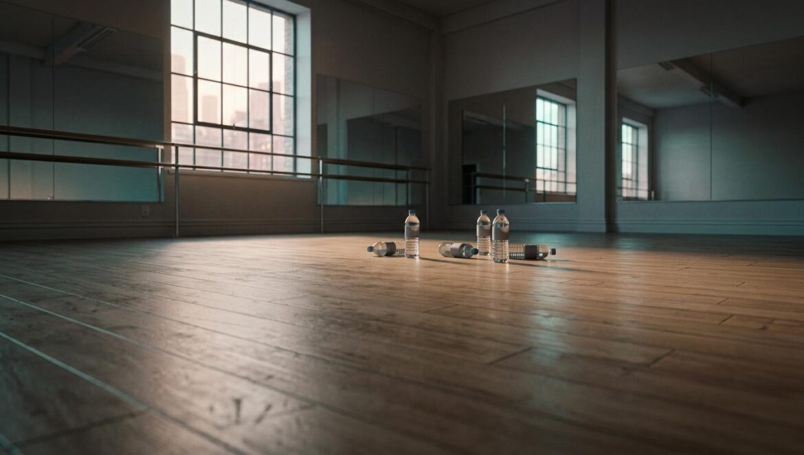 THE BOYZ: 9 integrantes solicitan rescisión de contrato Sala de prácticas de baile vacía con botellas de agua y luz suave, representando la soledad en la industria musical.