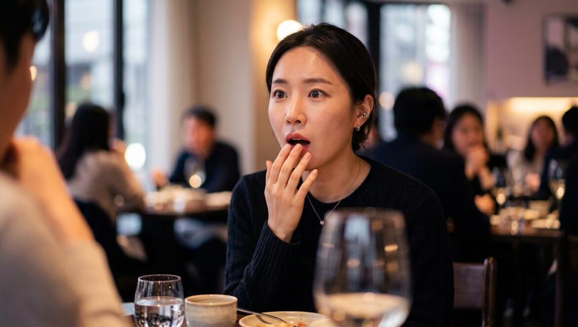 The Practical Guide to Love: Han Ji Min y sus citas fallidas Mujer coreana joven con expresión de asombro sentada a la mesa de un restaurante moderno durante una cita nocturna.