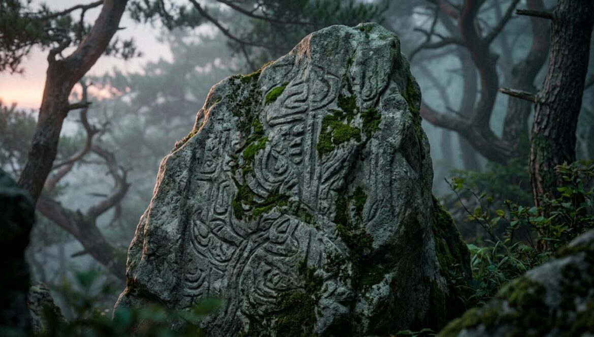 The Rock confirma reparto: Jeon Jong Seo y Sul Kyung Gu Primer plano de una roca mística con grabados antiguos en un bosque brumoso de Corea durante el atardecer.