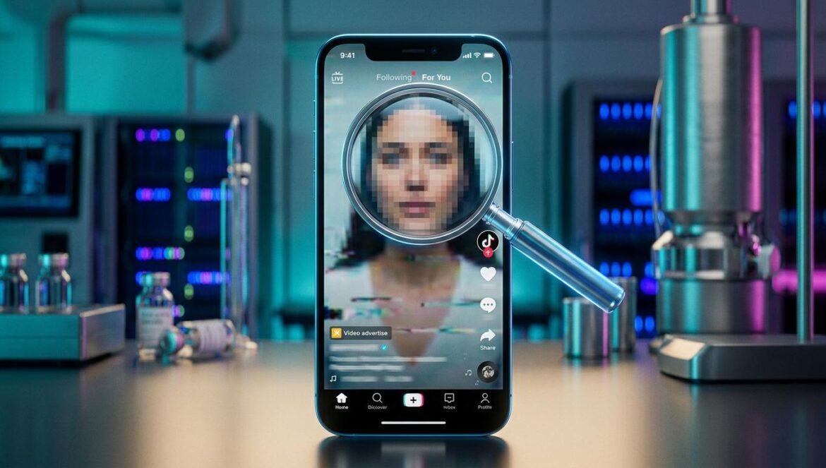 TikTok y la IA: el fallo de transparencia en sus anuncios Pantalla de smartphone mostrando un anuncio de TikTok con distorsiones digitales y una lupa analizando la autenticidad de la imagen sobre un fondo tecnológico.