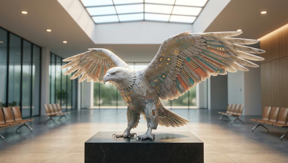 Trump redefine la regulación de IA: menos estados, más poder Escultura futurista de un águila calva con circuitos integrados en un salón gubernamental minimalista