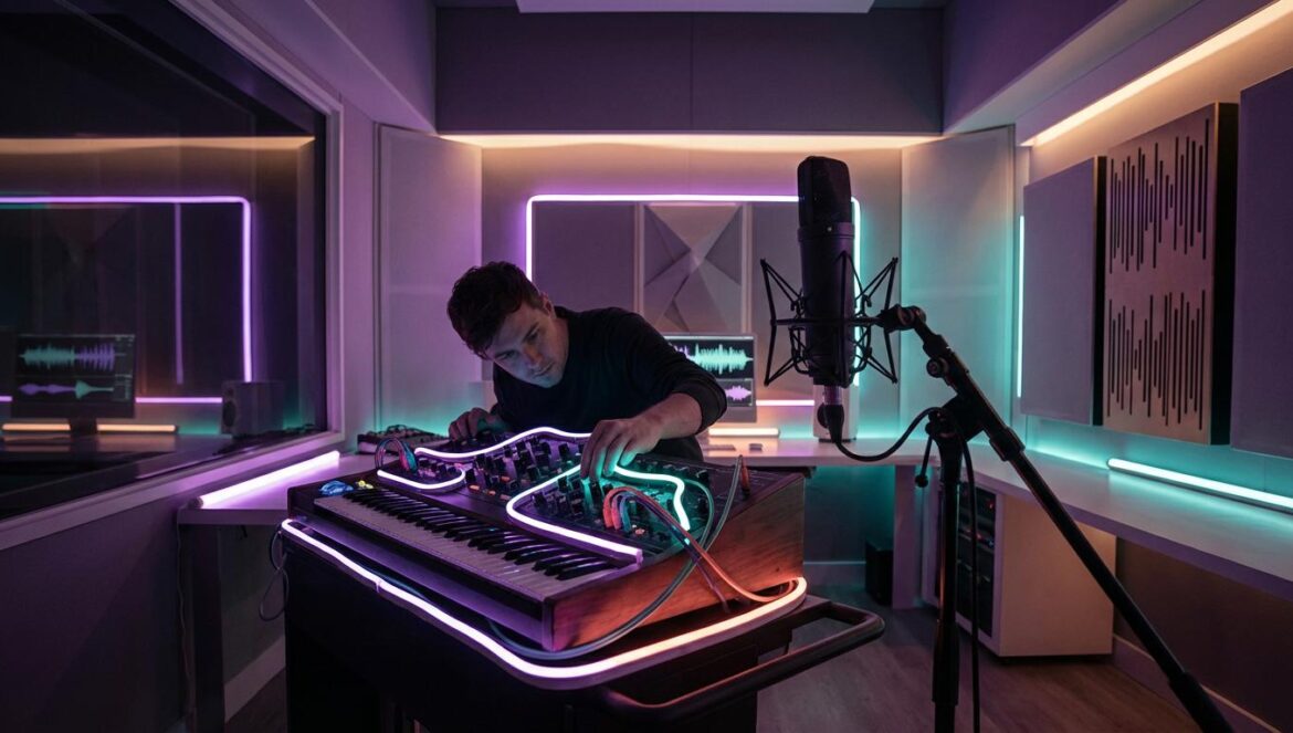 underscores anuncia U: su ambicioso giro al pop puro Estudio de grabación moderno con sintetizadores vintage y luces de neón en tonos púrpuras y azulados