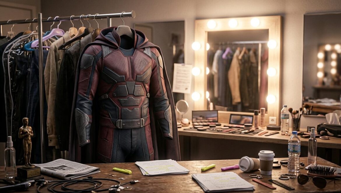 Wonder Man temporada 2: Marvel premia su mejor rareza Primer plano de un camerino de Hollywood con un traje de superhéroe colgado junto a un espejo de tocador iluminado y guiones esparcidos.
