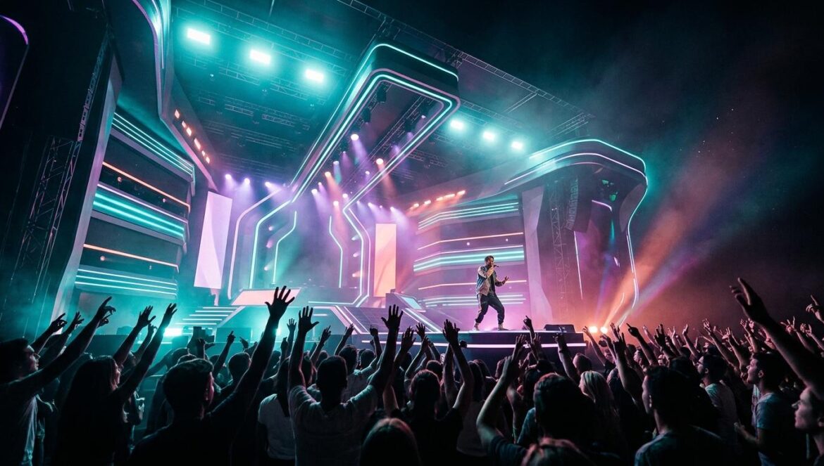AHOF anuncia su gira THE FIRST SPARK: fechas y ciudades Vista desde el público de un escenario de concierto moderno con iluminación neón vibrante y siluetas de fans durante un show de K-pop.