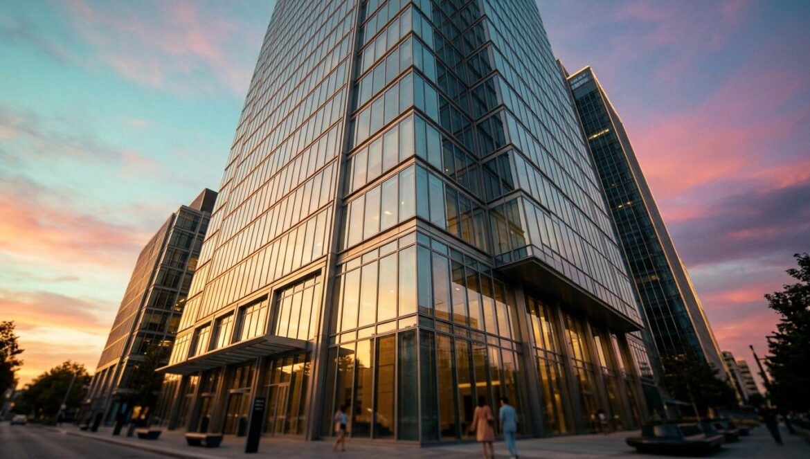 Bang Si Hyuk y la orden de arresto que sacude a HYBE Edificio corporativo moderno en Seúl con reflejos solares, representando la sede de una gran industria de entretenimiento coreana.
