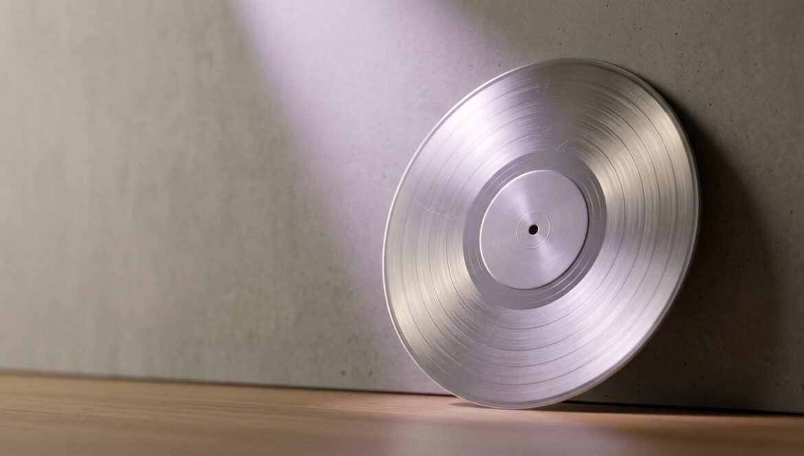 BTS ARIRANG conquista el Reino Unido: su 14º disco de plata Un disco de vinilo plateado iluminado por una luz púrpura suave en un ambiente minimalista, representando una certificación de ventas musicales