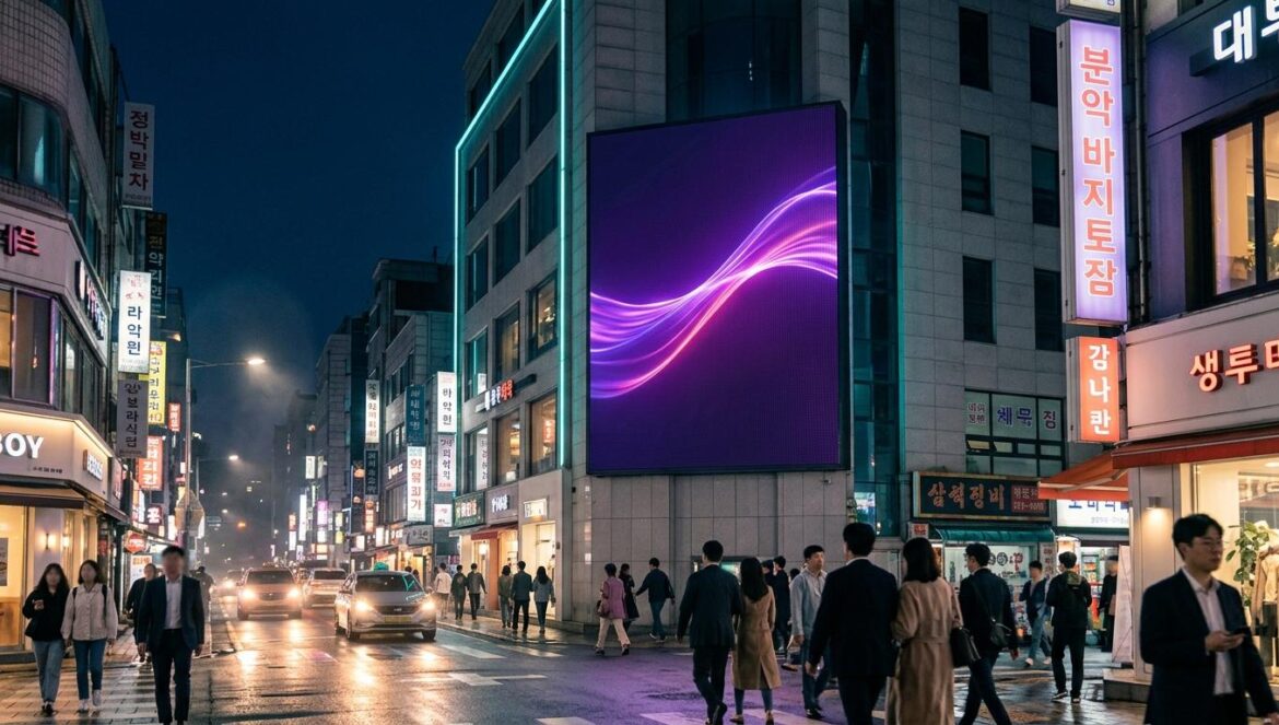 Cartel digital en una calle de Seúl con animaciones de ondas púrpuras y luces de neón bajo un cielo nocturno.
