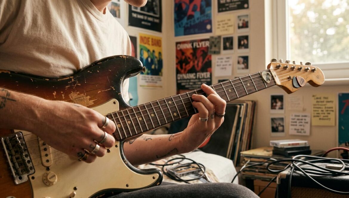 Bunii y el salto del SoundCloud indie a las grandes ligas Manos de un joven músico tocando una guitarra eléctrica en un estudio casero iluminado por luz natural.