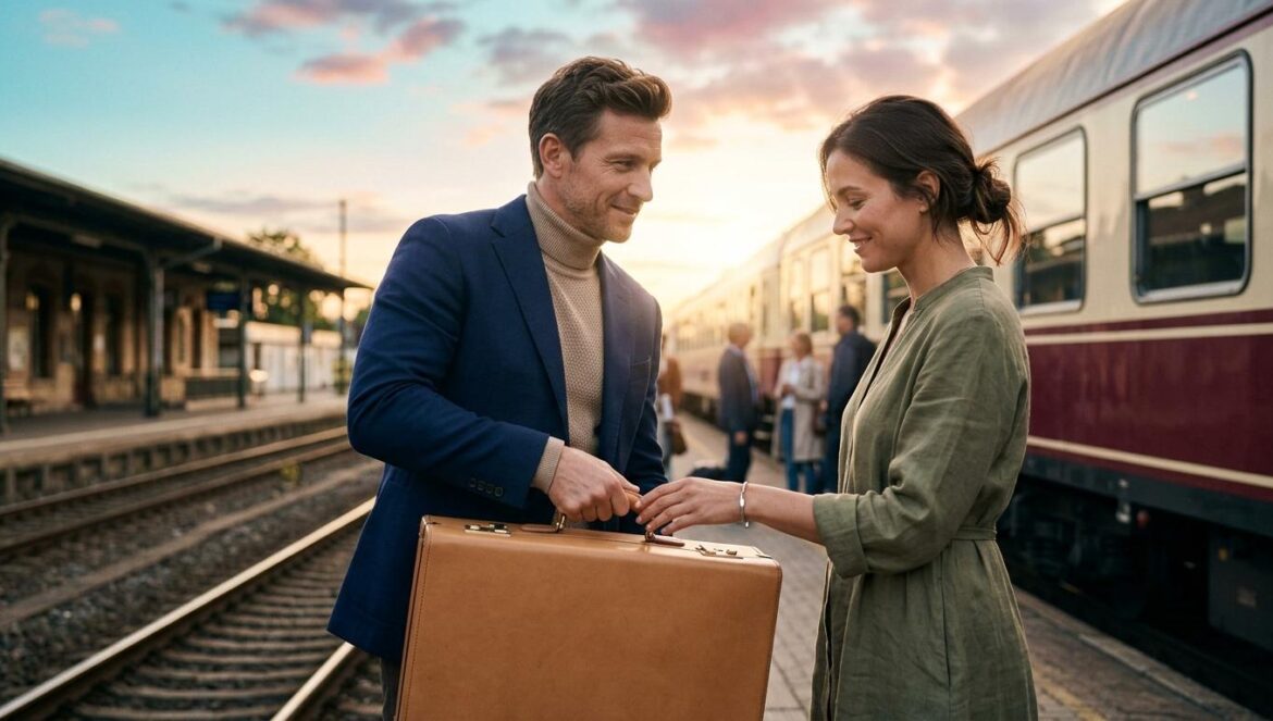 Escena en un andén de tren al atardecer donde un hombre ayuda a una mujer con su maleta bajo una luz cálida y cinematográfica.