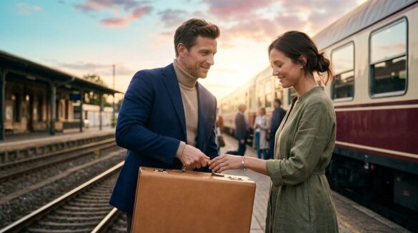 ¿Cambio en Yumi’s Cells 3? El giro de Kim Go Eun en Busan Escena en un andén de tren al atardecer donde un hombre ayuda a una mujer con su maleta bajo una luz cálida y cinematográfica.