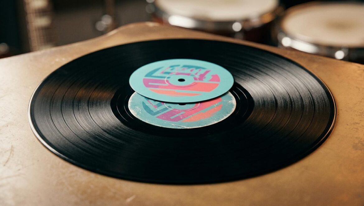 Chanel Beads repite título: por qué su nuevo disco se llama igual Representación abstracta de dos discos de vinilo con etiquetas idénticas bajo una iluminación suave y texturas musicales difusas.