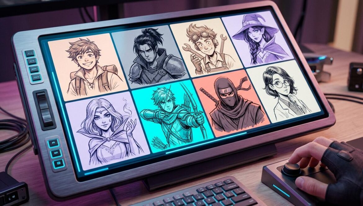 ChatGPT Images 2.0: el salto del prompt a la razón Primer plano de una interfaz digital que muestra ocho bocetos consistentes de un personaje estilo manga sobre un escritorio futurista con iluminación azul.