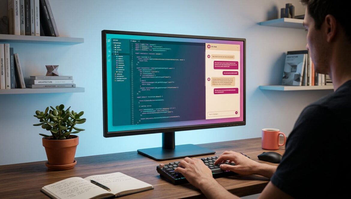 ChatGPT Pro de 100 dólares: potencia para desarrolladores Estación de trabajo moderna con código de programación en pantalla y una interfaz de chat de inteligencia artificial con iluminación azul tenue
