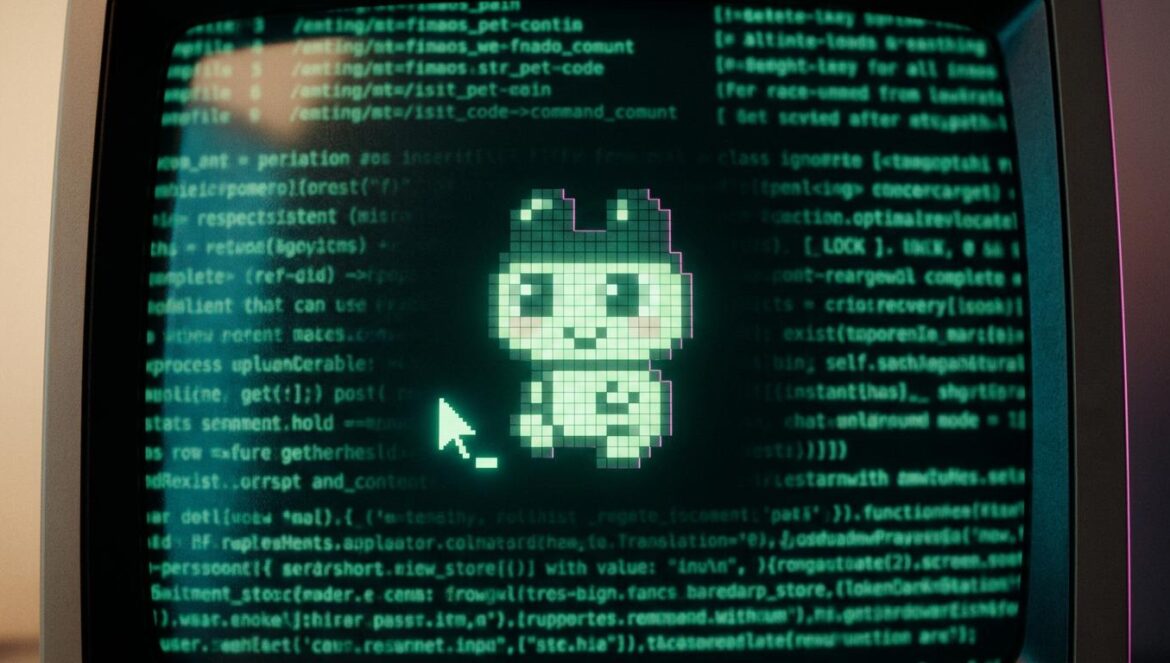 Claude Code filtra su código fuente y revela un «Tamagotchi» Una pequeña mascota digital estilo Tamagotchi junto a un cursor en una terminal de código con líneas de programación brillantes al fondo.