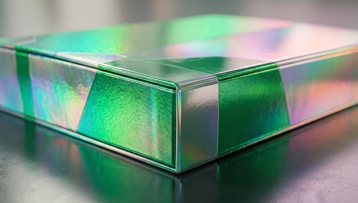 CORTIS rompe récords: 1,2 millones de pedidos de GREENGREEN Detalle de un álbum físico de K-pop con texturas holográficas verdes y diseño minimalista en un estudio fotográfico.