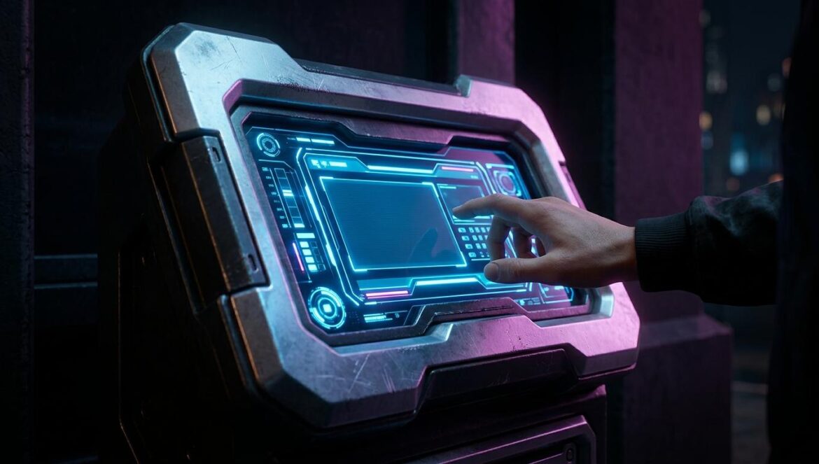 El extraction shooter de Disney y Epic Games llega en noviembre Primer plano de un terminal táctico futurista con luces azules en un entorno urbano oscuro y cinematográfico