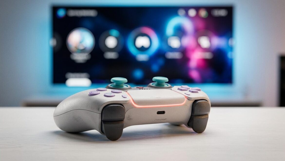 El nuevo menú de PS5 soluciona el caos de la biblioteca Mando DualSense de PlayStation 5 en primer plano con una interfaz de usuario moderna y minimalista desenfocada en una pantalla de fondo