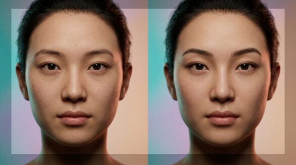 El rediseño de Anran en Overwatch: Blizzard escucha al fin Primer plano de un modelo de personaje 3D femenino con rasgos asiáticos, mostrando una expresión de confianza y detalles faciales como pecas, bajo una iluminación suave.