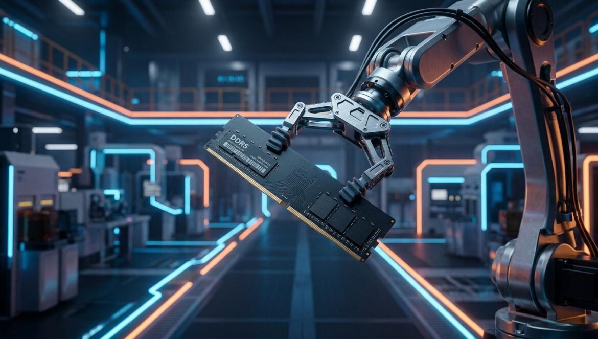 Escasez de memoria RAM: la crisis durará hasta 2027 Primer plano de un módulo de memoria RAM DDR5 en una fábrica de semiconductores futurista con iluminación técnica y brazos robóticos.